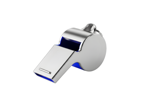 Close-up shot of a shiny metal sports whistle used by referees and coaches in sports for signaling and game management isolated against a dark backdrop Tansparent Background