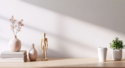 Soft sunlight casts shadows on a shelf with decorative vases books and plants