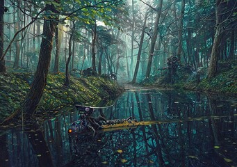 Fototapeta premium Eerie Wilderness Mechanical Creature Surreal Forest Reflection Water