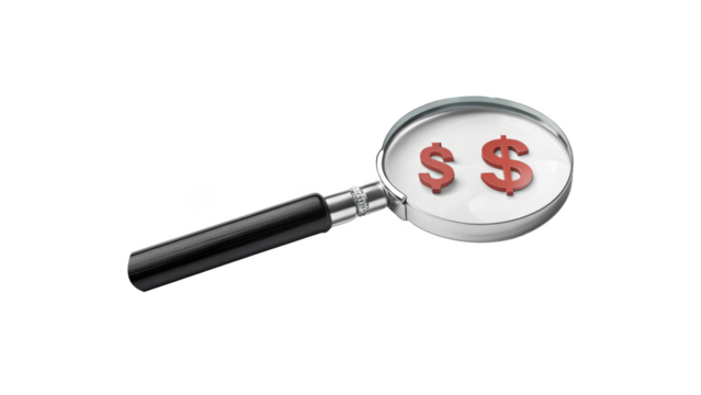 Magnifying glass over two red dollar signs, isolated on transparent background