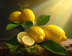 Lemons on a wooden surface, bathed in sunlight