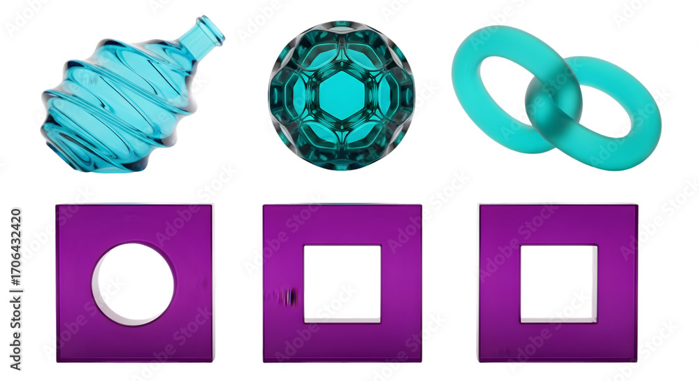 Poster abstract geometric shapes and forms digital art collage with neon glow and textured surfaces on dark