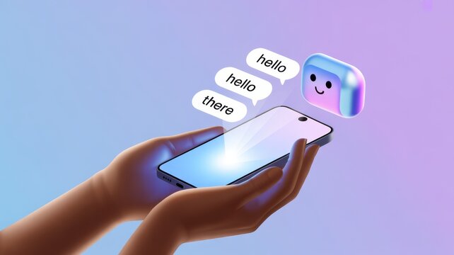 Smartphone Chat Greeting: A pair of hands tenderly cradles a cutting-edge smartphone. On the screen, a cute animated character initiates a friendly chat.