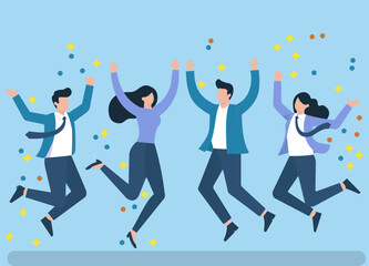 Joyful teamwork and professional success captured through vibrant celebration and dynamic movement in a modern flat vector style