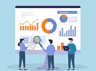 Teamwork meets technology as three people analyze charts and graphs on a giant screen, highlighting data-driven collaboration