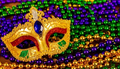 Ornate gold mask rests on colorful beads