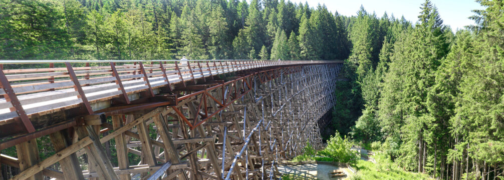 Panoramic photo of Kinsol Trestle railroad bridge on Vancouver Island, British Ccolumbia, Canada. Decommissioned railway bridge repurposed to a hiking trail