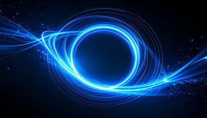A glowing blue vortex radiates light with swirling lines against a black backdrop, creating a futuristic, abstract design