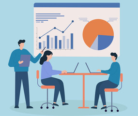 Team collaboration in a modern workspace, analyzing data with charts and laptops for strategic decision-making and presentation