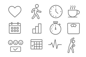 Wellness Routine Icons. Line style icons of wellness and routine: heart, walking, clock, coffee; calendar, steps icon, timer,