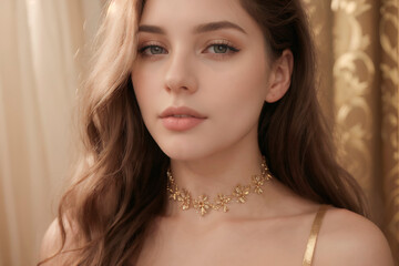 Portrait of a lovely young woman with jewellery. Beautiful girl with wavy hair in delicate necklace made in a floral style. Beauty and accessories.