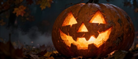 Fototapeta premium Jack O'Lantern lit up on Halloween night, surrounded by autumn leaves in a dark and mysterious atmosphere