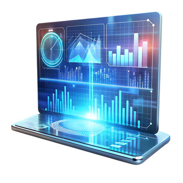 Holographic Laptop Displaying Financial Data and Graphs screen cutout png AI isolated on a transparent background