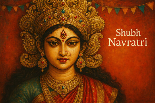 Happy Navaratri and durga puja, a detailed digital painting of goddess durga wearing a traditional red sari and a golden crown against a festive backdrop - Powered by Adobe