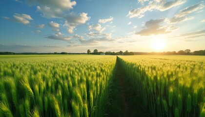 Vast green barley field under blue sunny sky with clouds. Sunlight illuminates ripe wheat stalks stretching towards horizon. Agricultural landscape in France shows summer season growth, natural
