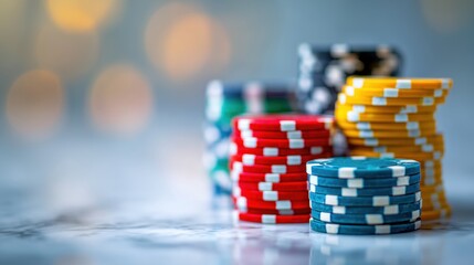 Stacked poker chips in various colors, ready for a game or betting, with a blurred background