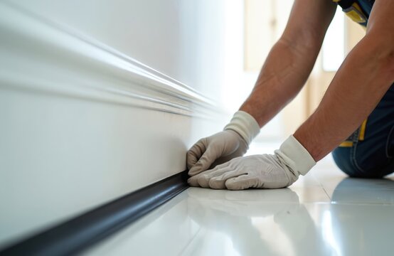 Craftsman in gloves installs baseboards in modern home. Meticulous detail, high-quality workmanship on woodwork. Home improvement, renovation, construction project, flooring trim, carpenter handyman