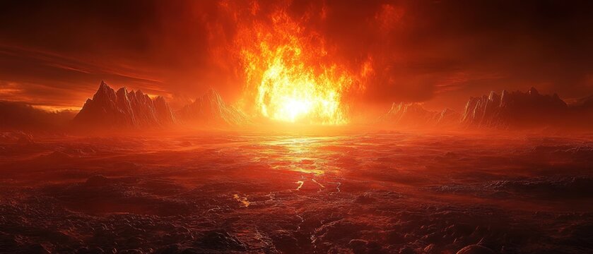 Fiery alien landscape intense red sunset digital fantasy art