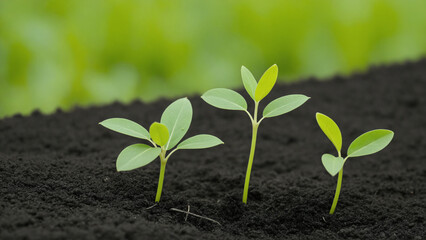 Naklejka premium Three small seedlings with green leaves sprouting from rich dark soil.