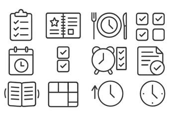 Productivity Routine Icons. Line style icons of daily productivity routines: morning checklist, evening planning, lunch break