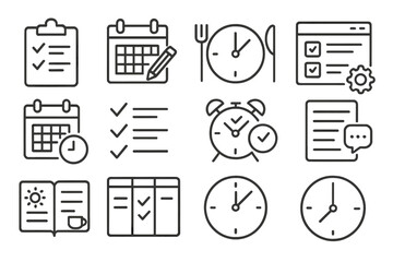 Productivity Routine Icons. Line style icons of daily productivity routines: morning checklist, evening planning, lunch break