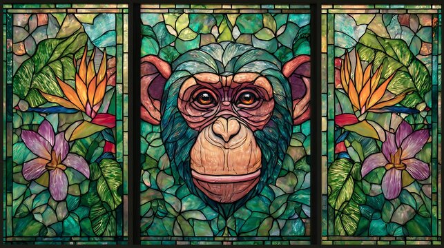 Vibrant stained glass triptych featuring a chimpanzee face surrounded by lush tropical foliage and flowers - Powered by Adobe