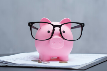 Pink piggy bank wearing black-rimmed glasses positioned on financial documents with coins, symbolizing intelligent saving and financial planning. Concept represents smart money management.
