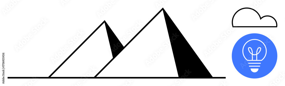 Poster abstract pyramids with sharp angles paired with a floating cloud and a bright bulb inside a blue cir