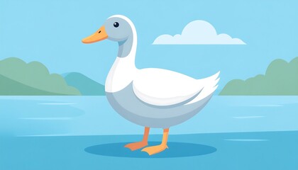 Fototapeta premium Cute cartoon duck by a lake