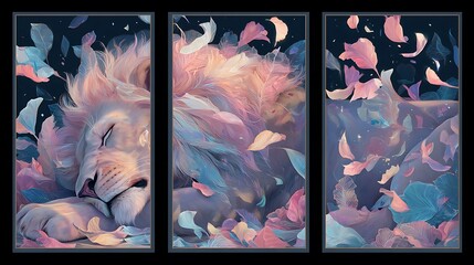 Abstract triptych artwork featuring ethereal figures and floating petals in vibrant colors