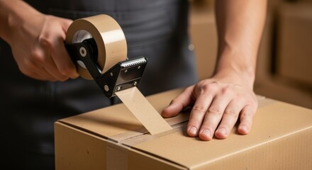 Closeup medium shot of a worker sealing recycled cardboard containers showcasing sustainable materials and environmentally conscious packing techniques.