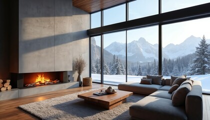 Cozy living room interior with minimalist design, featuring modern fireplace, large windows. Snowy mountain landscape outside offers serene winter view. Furniture includes comfortable sectional sofa,