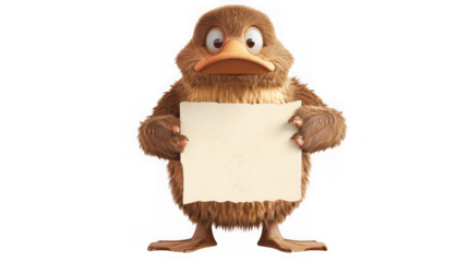 Cute fluffy brown bird character holding a blank sign, isolated on transparent background