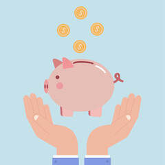 Hands support a piggy bank as coins drop in—symbolizing financial growth, saving habits, and responsible money management