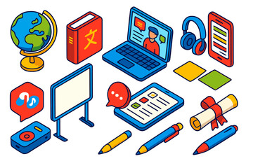 Language Learning Tools. Isometric vector illustration set language, learning, and tech tools: world globe, translation book,