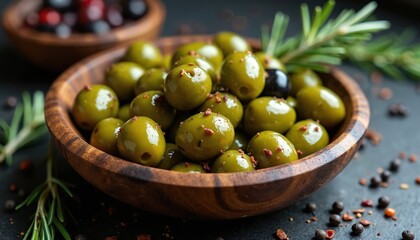 Rustic wooden bowl filled with marinated green olives, peppercorns, fresh rosemary sprigs. Close-up view showcases glossy fruit, savory spice blend, aromatic herb enhancing mediterranean cuisine.