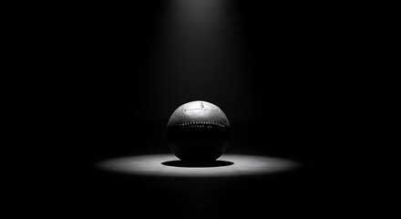 Medicine ball centered under a bright spotlight in an empty dark gym, dramatic contrast symbolizing strength, focus, and endurance, no humans.