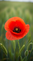 Fototapeta premium Close-up of red poppy flower in green field, showcasing vibrant color and delicate texture Symbol of remembrance, beauty, and fragility