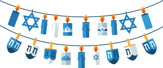 A festive and decorative Hanukkah garland with a playful string of lit candles, Stars of David, and traditional dreidels, symbolizing a cheerful Jewish holiday celebration.