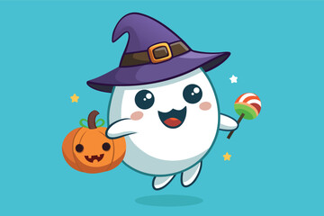 Fototapeta premium Cute kawaii ghost with witch hat pumpkin candy halloween vector illustration scalable eps icon