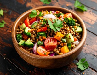 Colorful lentil salad in a wooden bowl on a dark wood table