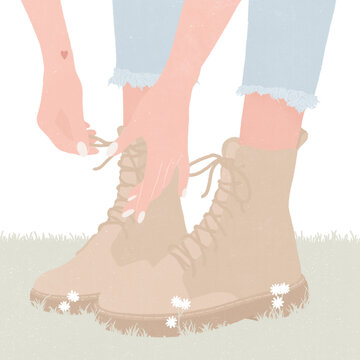 Close-Up of Young Woman Tying Shoelaces Before a Nature Walk, Mindfulness, Mental Wellness, and Grounding Practice Transparent Png