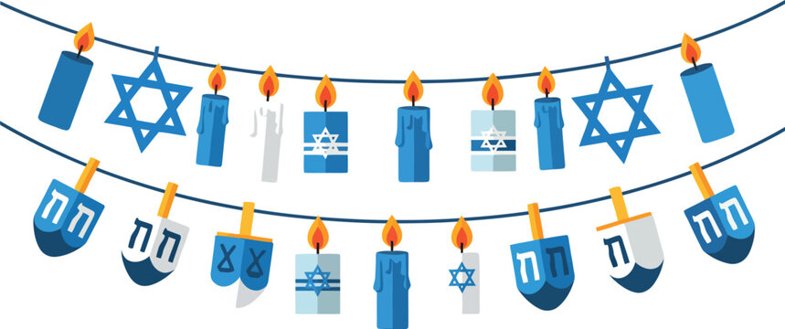 A festive and decorative Hanukkah garland with a playful string of lit candles, Stars of David, and traditional dreidels, symbolizing a cheerful Jewish holiday celebration.