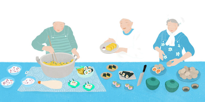 Group of Elderly Women in Japan Cooking Traditional Dishes, Celebrating Culinary Culture, Authentic Flavors, and Food Preparation Rituals Transparent Background Png