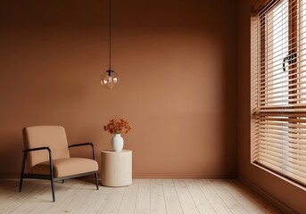 Living room interior in brown mocha mousse 2025 color with brown armchair and decor- 3D rendering
