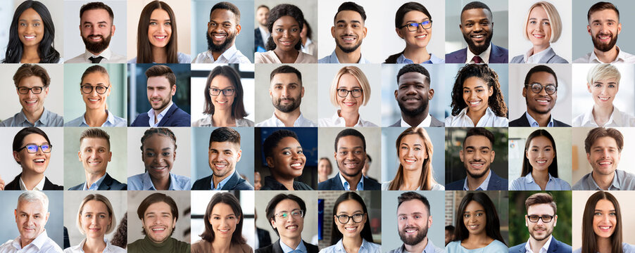 A collection of smiling faces from various backgrounds emphasizes diversity in the workplace. Men and women, dressed in business attire, reflect positivity and collaboration among colleagues.