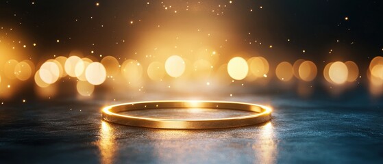 A glowing golden ring surrounded by shimmering lights creates a magical, ethereal atmosphere.