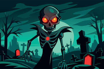 Scary halloween skeleton vector illustration spooky graveyard night scene scalable eps icon