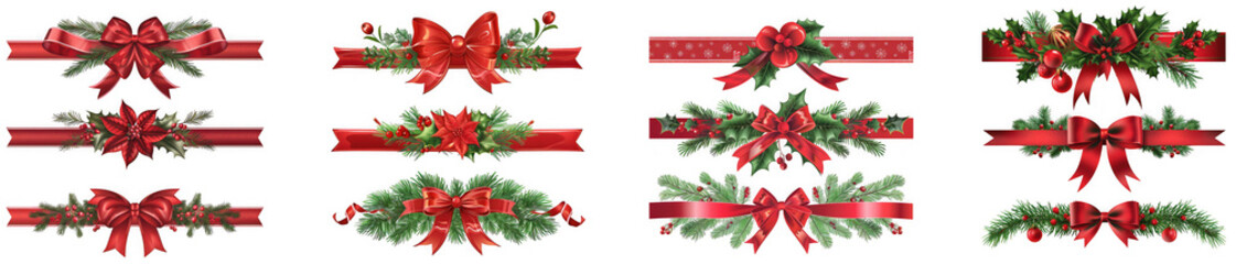 Collection of festive christmas borders with red bows and green fir branches, isolated on transparent background