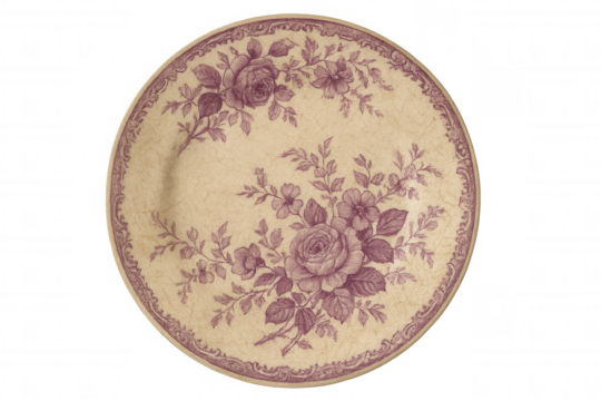 Antique plate with purple floral decoration isolated on transparent background, perfect for design projects related to history, tableware, and vintage aesthetics